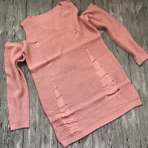 Dusty Pink Cold Shoulder Long Sleeve Sweater Dress - Picture 4 of 7
